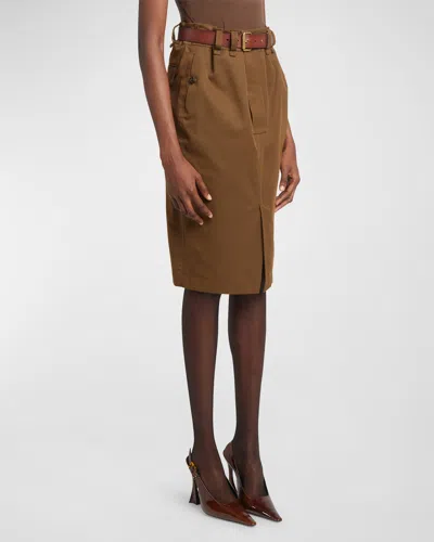 Saint Laurent Belted Cotton Pencil Skirt In Brown