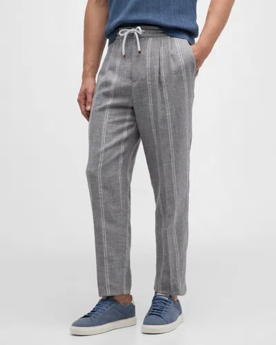 Brunello Cucinelli Men's Stripe Linen-blend Drawstring Pants In C012 Grey White