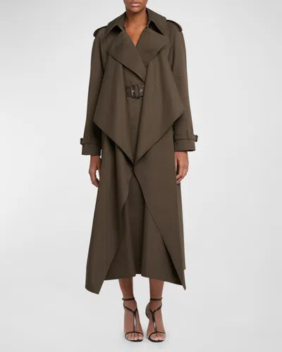 Alexander Mcqueen Draped Trench Coat With Belted Waist In Green
