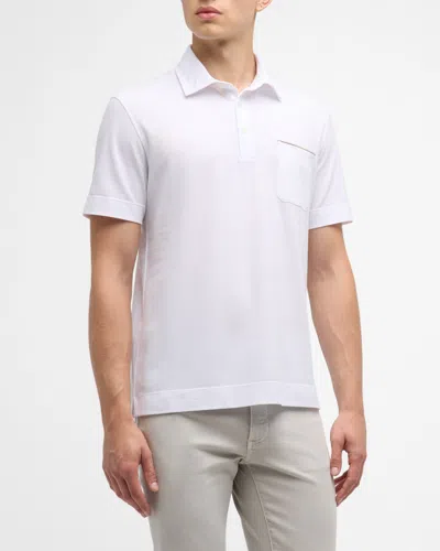 Zegna Men's Cotton Polo Shirt With Leather-trim Pocket In White Solid