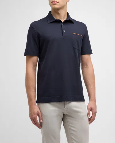 Zegna Men's Cotton Polo Shirt With Leather-trim Pocket In Navy Solid