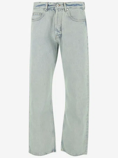 Palm Angels Cotton Denim Jeans In Mint Off White