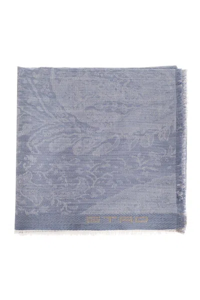 Etro Logo Embroidered Frayed Edge Scarf In Blue