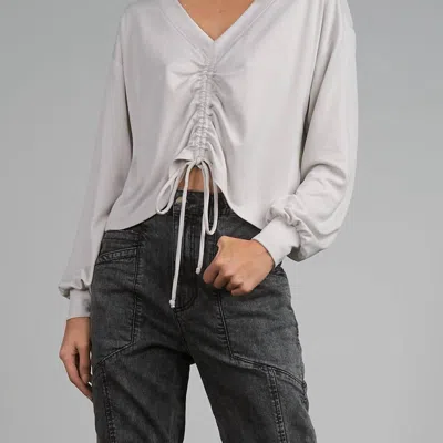 Elan V-neck Long Sleeve Cinched Front Top In Stone In White