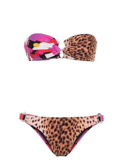 Reina Olga Bandeau Bikini With Rings Details Clothing In Clown/cheetah
