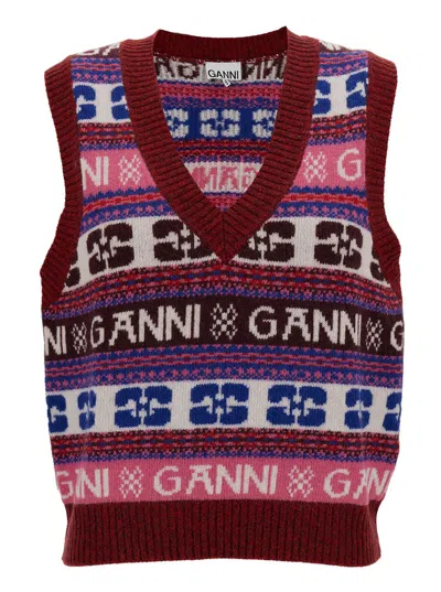 Ganni Multicolor Knit Vest With Logo Motif In Wool Blend Woman