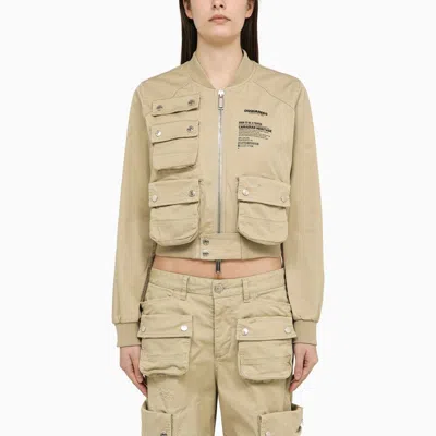 Dsquared2 Beige Cotton Multi-pocket Bomber Jacket Women In Cream