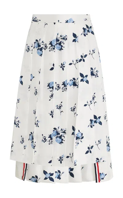 Thom Browne Floral-print Silk Pleated Skirt In White