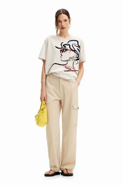 Desigual Plain T-shirt With Illustration. In White