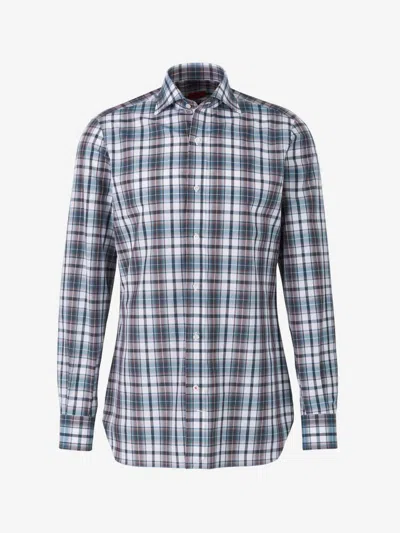 Isaia Checkered Motif Shirt In White, Brown And Green