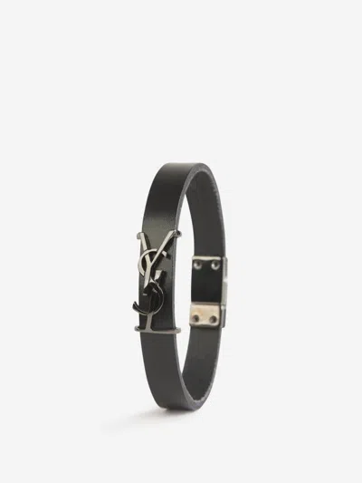 Saint Laurent Cassandre Leather Bracelet In Black
