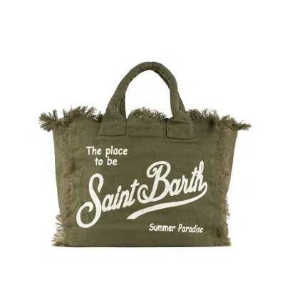 Saint Barth Military Green Linen Vanity Tote Bag With Embroidery