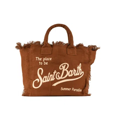 Saint Barth Vanity Tote Bag In Brown Linen With Embroidery