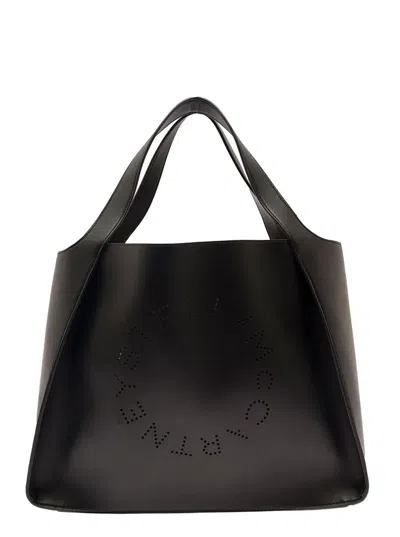 Stella Mccartney Black Tote Bag With Perforated Logo In Faux Leather Woman