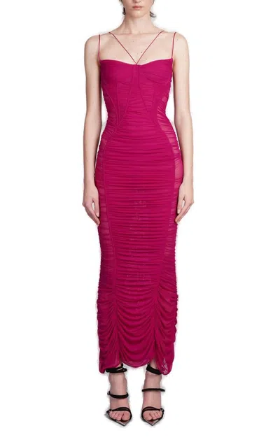 Mugler Magenta Backless Ruched Mesh Gown In Purple