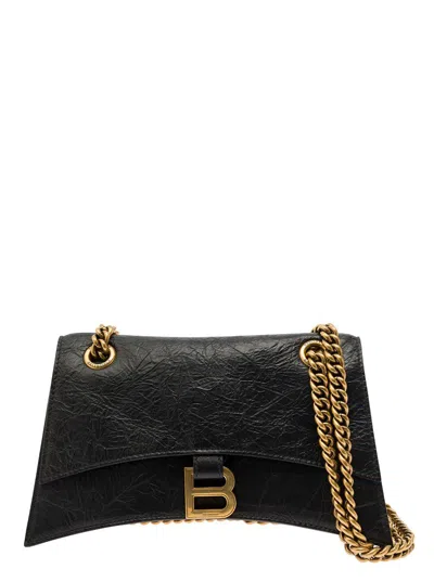 Balenciaga 'crush Small' Black Crossbody Bag With B Logo In Crushed Leather Woman