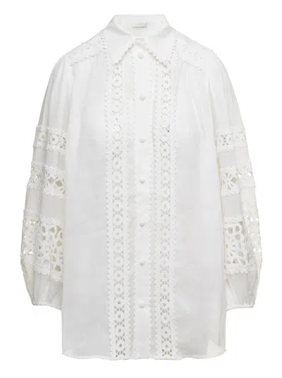 Zimmermann 'devi' White Shirt With Lace Details In Ramie Woman