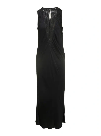 Rotate Birger Christensen Midi Black Dress With Plunging V Neck With Mesh Insert In Viscose Woman