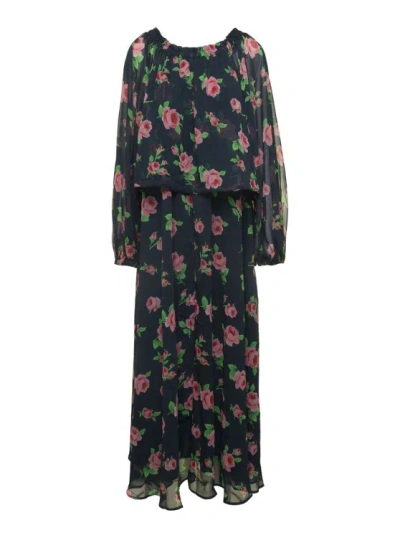 Rotate Birger Christensen Maxi Multicolor Dress With All-over Roses Print In Chiffon Woman