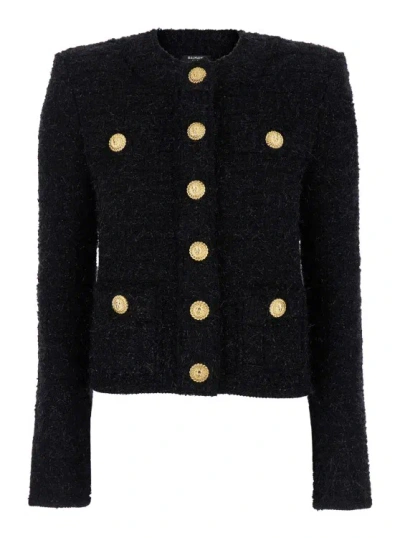 Balmain Buttoned Maze Mng Tweed Jacket In Black