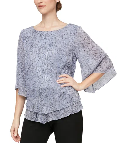 Alex Evenings Women's Printed Metallic Knit Tiered Pointed-hem Blouse In Lavender