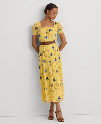 Lauren Ralph Lauren Floral Georgette Puff-sleeve Midi Dress In Yellow Multi