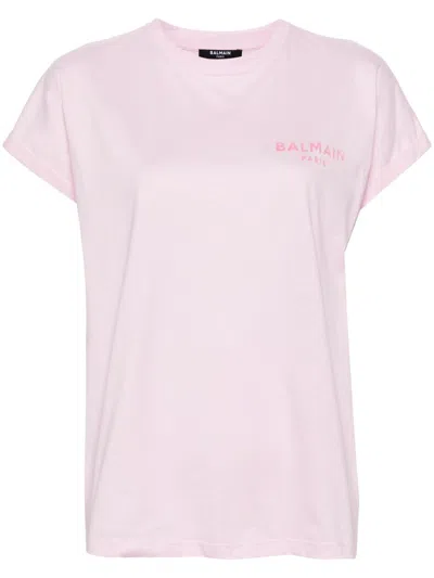 Balmain Flocked-logo Cotton T-shirt In Pink