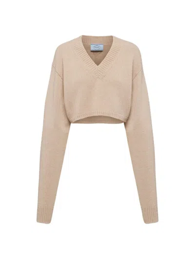 Prada Wool And Cashmere V-neck Sweater In Cammello