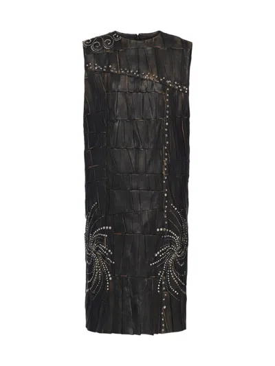 Prada Nappa Leather Patchwork Dress In Black