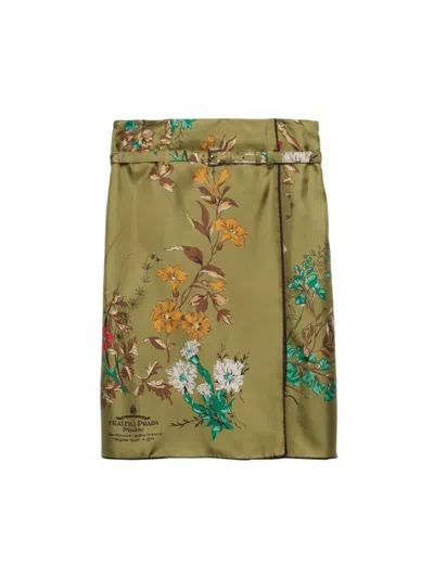 Prada Printed Silk Twill Skirt In Green