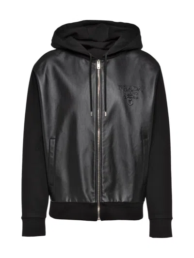 Prada Technical Fleece And Leather Hoodie Jacket In Black