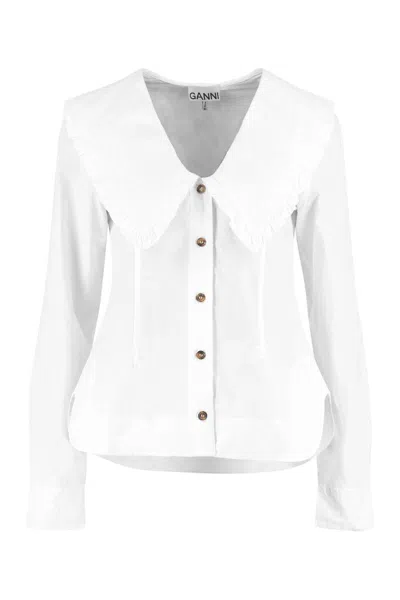 Ganni Maxi Collar Cotton Shirt In White