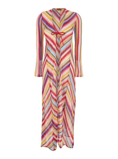 Missoni Multicolor Long Beach Robe With Zigzag Motif In Crochet Woman