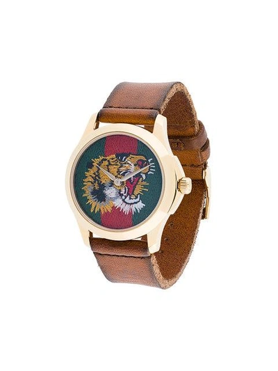 Gucci Le March&eacute; Des Merveilles Tiger Yellow Goldtone Pvd & Leather Strap Watch In Brown