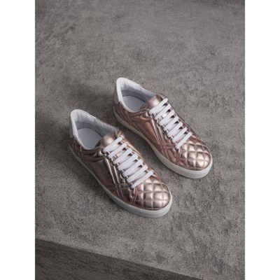 Burberry Metallic Check-quilted Leather Trainers In Metallic Nude