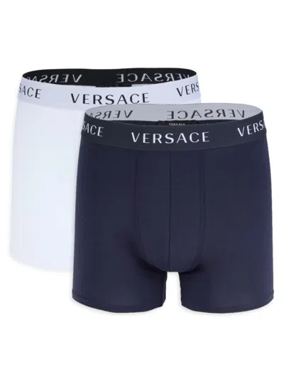 Versace Men's 2-pack Logo Boxer Briefs In White Blue