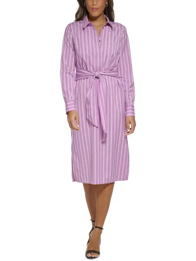 Donna Karan Stripe Long Sleeve Tie Waist Shirtdress In Purple