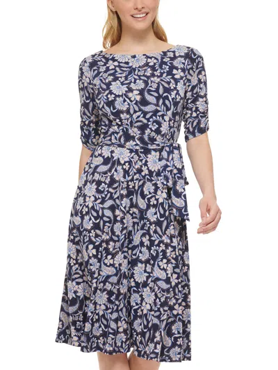 Jessica Howard Womens Floral Print Jersey Fit & Flare Dress In Blue