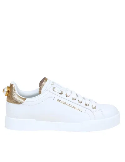 Dolce & Gabbana White Nappa Leather Portofino Sneakers In White / Gold