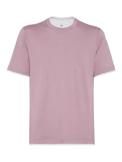 Brunello Cucinelli Men's Cotton Jersey Crew Neck T-shirt With Faux Layering In Light Purple