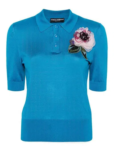 Dolce & Gabbana Silk Henley Top With Floral Applique Detail In Blue