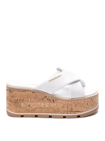 Ferragamo Engracia Leather Cork Slide Sandals In Optic White