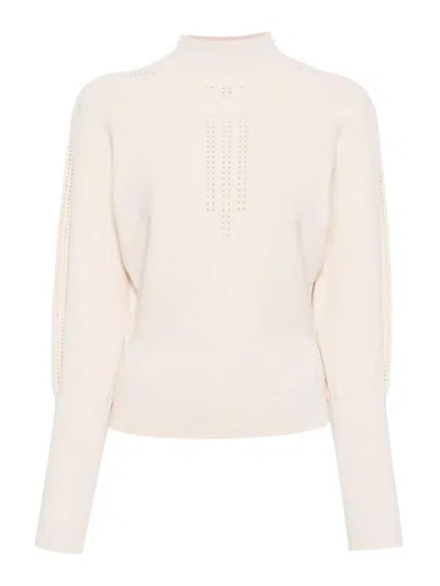Patrizia Pepe Perforated-detail Puff-sleeve Knit Top In Beige