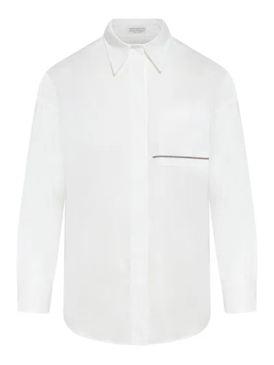 Brunello Cucinelli Long Sleeved Embellished Shirt In Bianco (white)