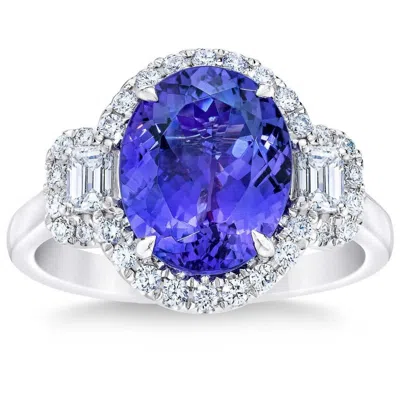 Pompeii3 5ct Oval Simulated Tanzanite Moissanite & Lab Grown Diamond Ring 10k White Gold In Blue