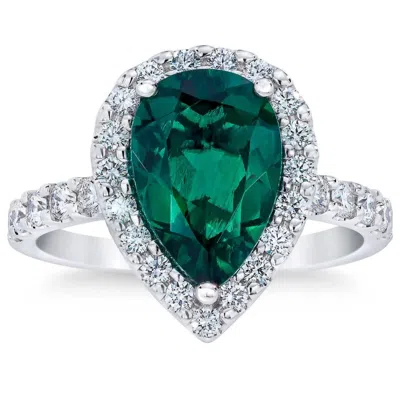 Pompeii3 5ct Pear Shape Emerald & Lab Grown Diamond Halo Ring In 10k White Gold In Green