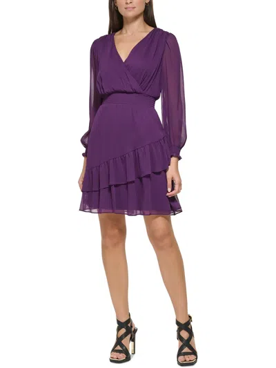 Dkny Womens Surplice Neckline Ruffled Mini Dress In Purple