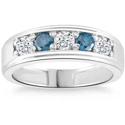 Pompeii3 1 Ct T. W. Blue & White Diamond Mens Wedding Ring 5-stone Anniversary White Gold