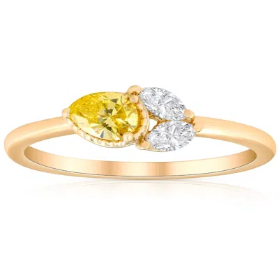 Pompeii3 3/8ct Fancy Yellow Pear & Marquise Shape Diamond Ring Yellow Gold Lab Grown In Silver