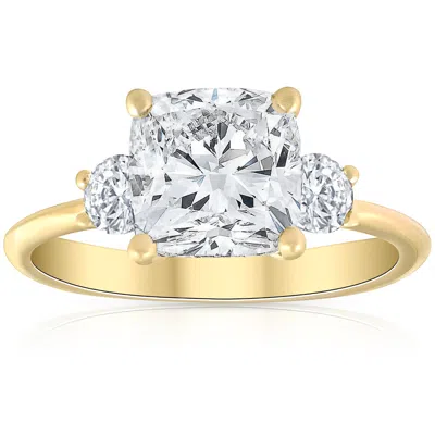 Pompeii3 3 1/2ct Cushion & Round Cut Moissanite Engagement Ring 14k Yellow Gold In Silver